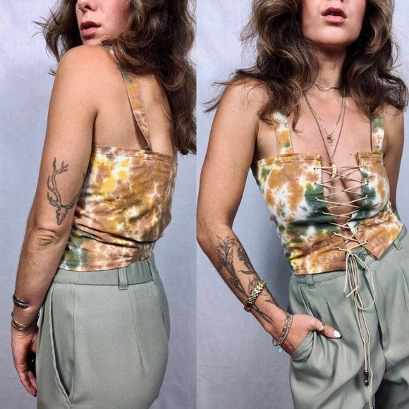 Handmade Reversible Earth Tone Tie Dye Lace Up Suede  Corset Crop Top - Picture 1 of 10